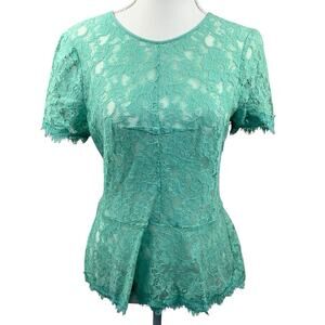 BCBG Maxazria Evia Mint Green Lace Peplum Hem Top Blouse Size M Short Sleeve
